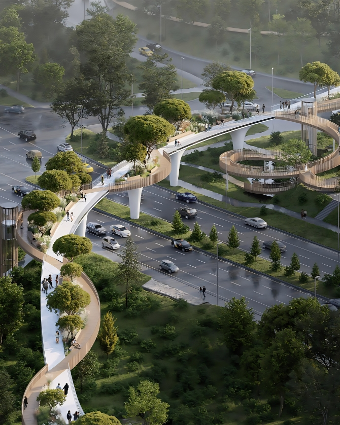 Aerial view of a pedestrian bridge over a highway with trees and people walking on it.